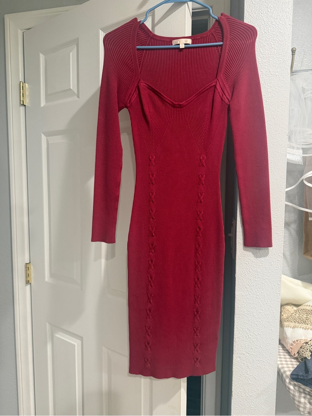 Guess Long Sleeve Ribbed Knit Dress in Deep Red